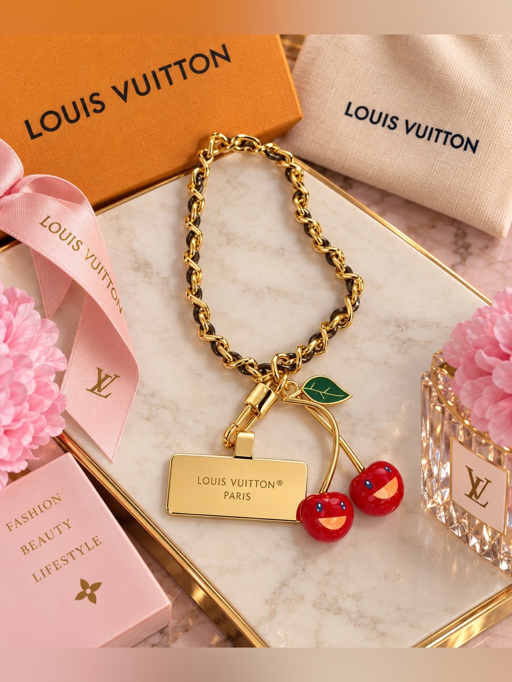 Gold-Tone Chain Bag Charm Phone Strap with Red Cherry Charms